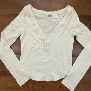 Intimately Free People Sugar Medium Swizzle Ivory Pointelle Henley Top OB1764995